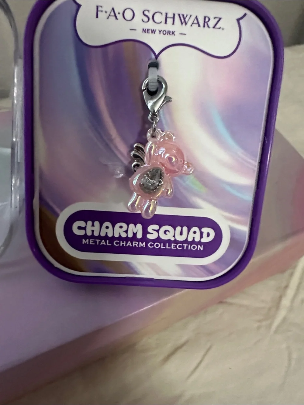 FAO Schwarz Pink Teddy Bear Charm with Silver Clasp and wings NWT